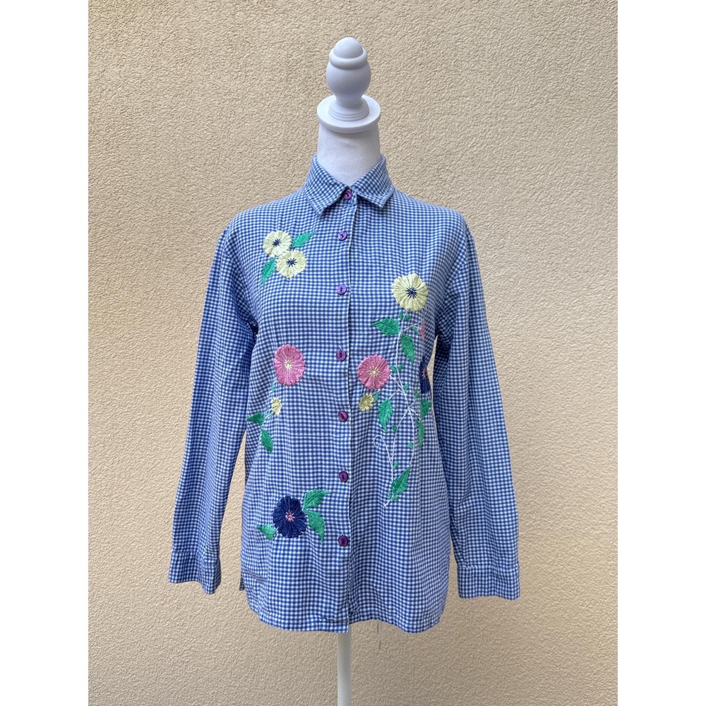 BFA Classics blue white gingham plaid long sleeve floral embroidery blouse